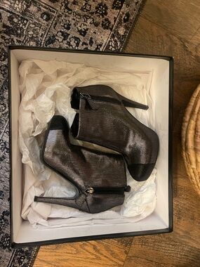 CHANEL Metallic Gunmetal Black Ankle Booties with Side Zip